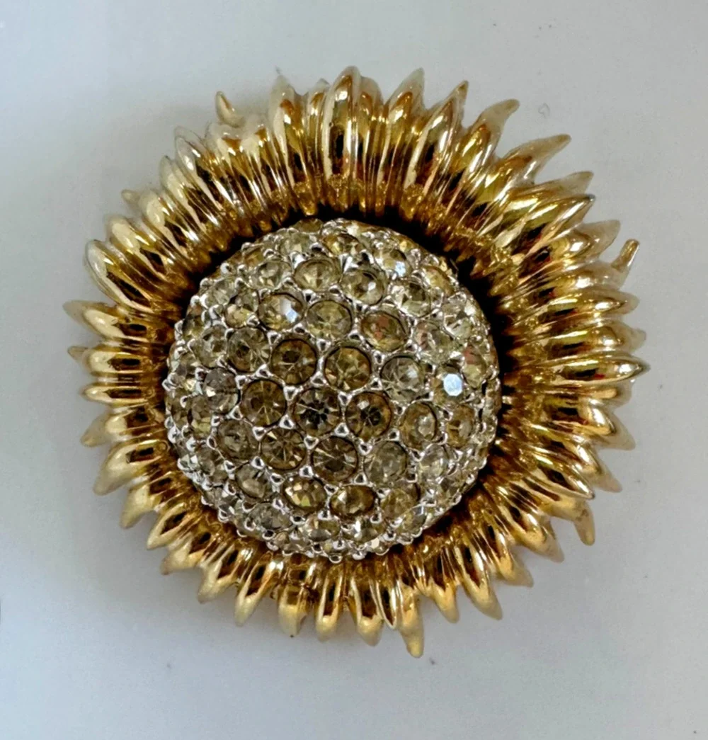 Vintage Signed Ledo Polcini Rhinestone Domed Mum Flower Gold Tone Brooch